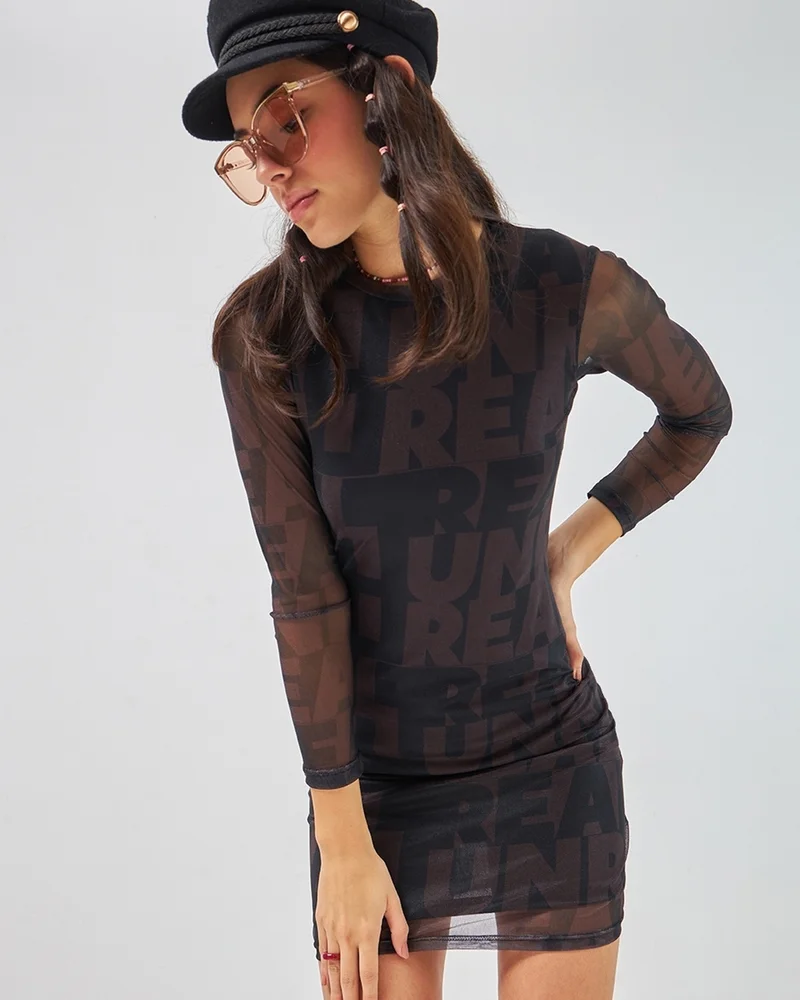 بيواكوف Women's Black All Over Printed Slim Fit Bodycon Dress